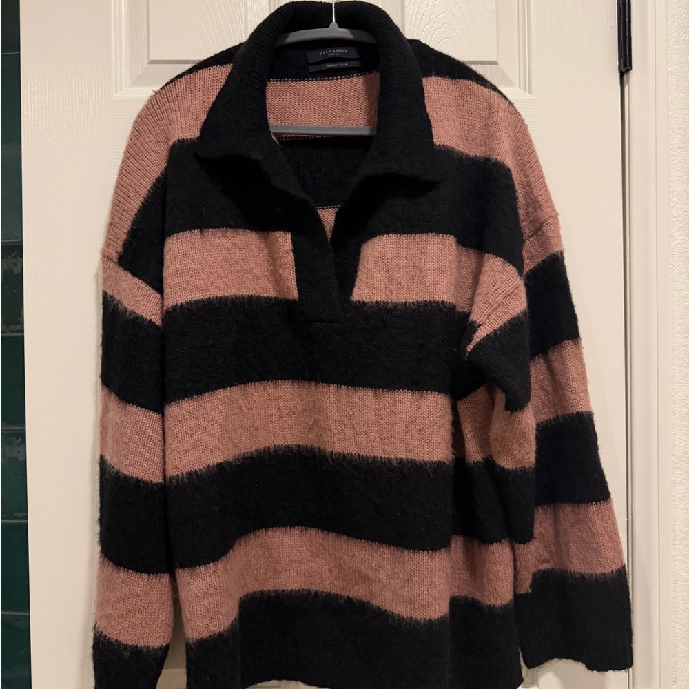 All Saints Black and Pink Striped Turtleneck Sweater